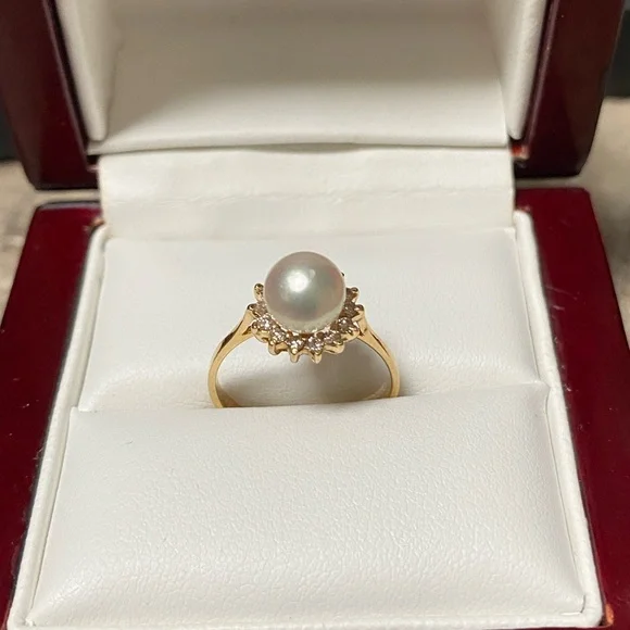 SOLID 14KT GOLD Ring Genuine Pearl with Natural Diamond Halo - Picture 3 of 11